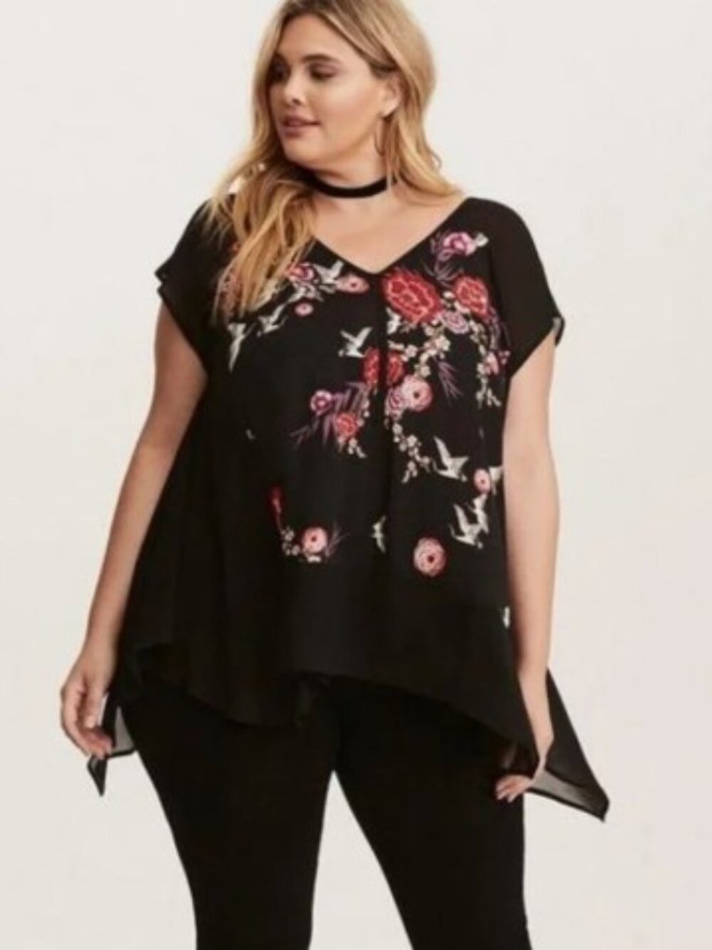 Torrid Brand Women's size 3 NWT Black Floral Chiffon Sharkbite Style Blouse